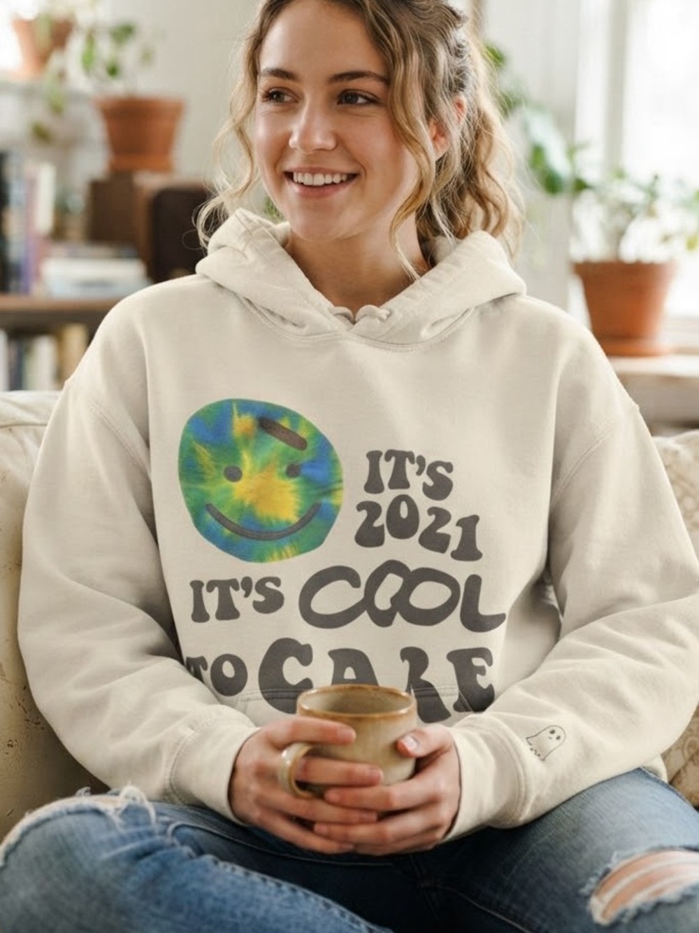 Lonely Ghost "It's 2021 It's Cool to Care" Pullover Hoodie Earth Graphic Smiley